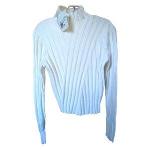 Forever 21 White Ribbed Knit Zip Mock Neck Sweater Cropped Fitted Long Sleeve